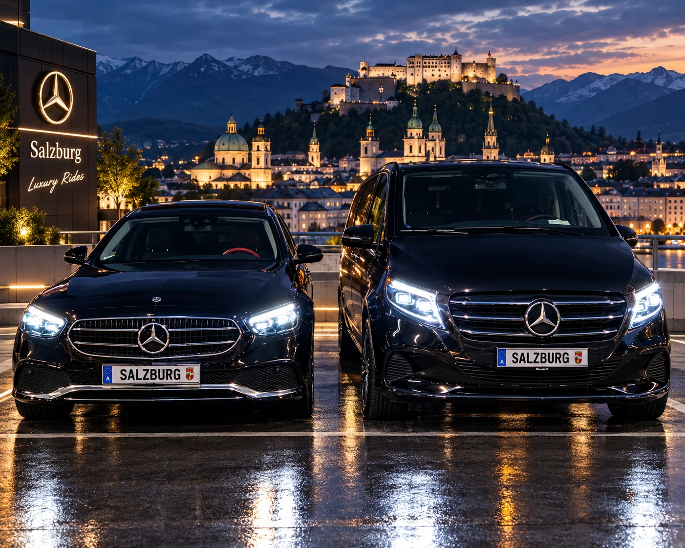 Two black Mercedes vehicles at night below Salzburg fortress
